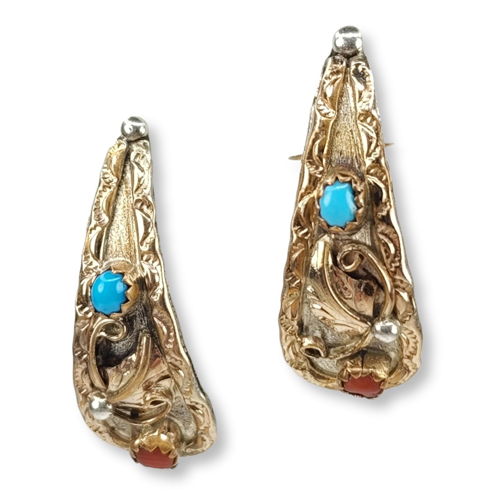 Vintage Southwestern Sterling Silver and 1/20‎ 12KT GF Turquoise Coral Earrings
